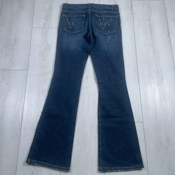 Vintage Bebe Y2k Low Rise Size 31 Flare Jeans Patchwork Rhinestone Distressed - Picture 6 of 16